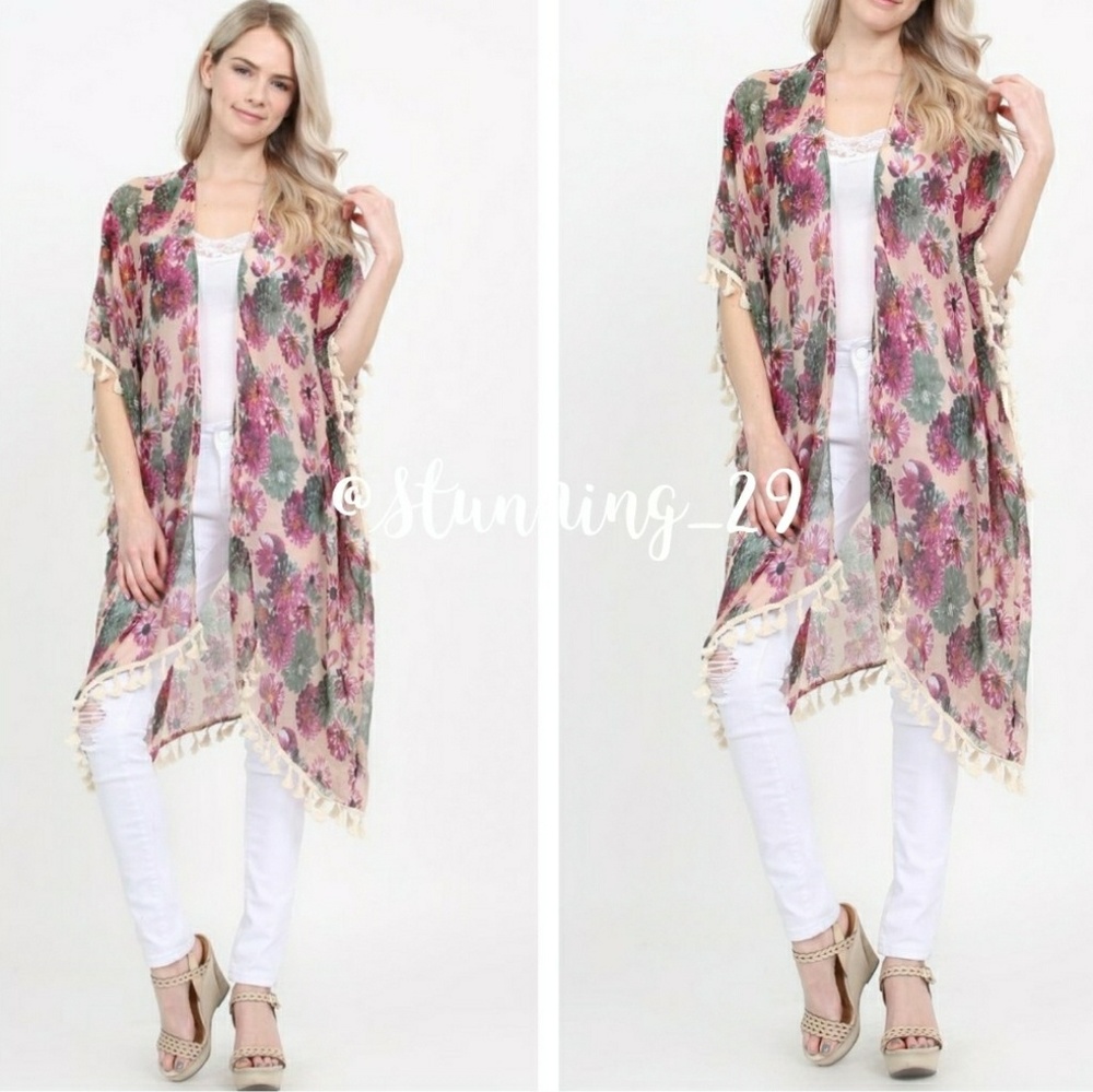 🆕 BEIGE PINK FLORAL OPEN LONG KIMOMO DUSTER - Picture 5 of 7